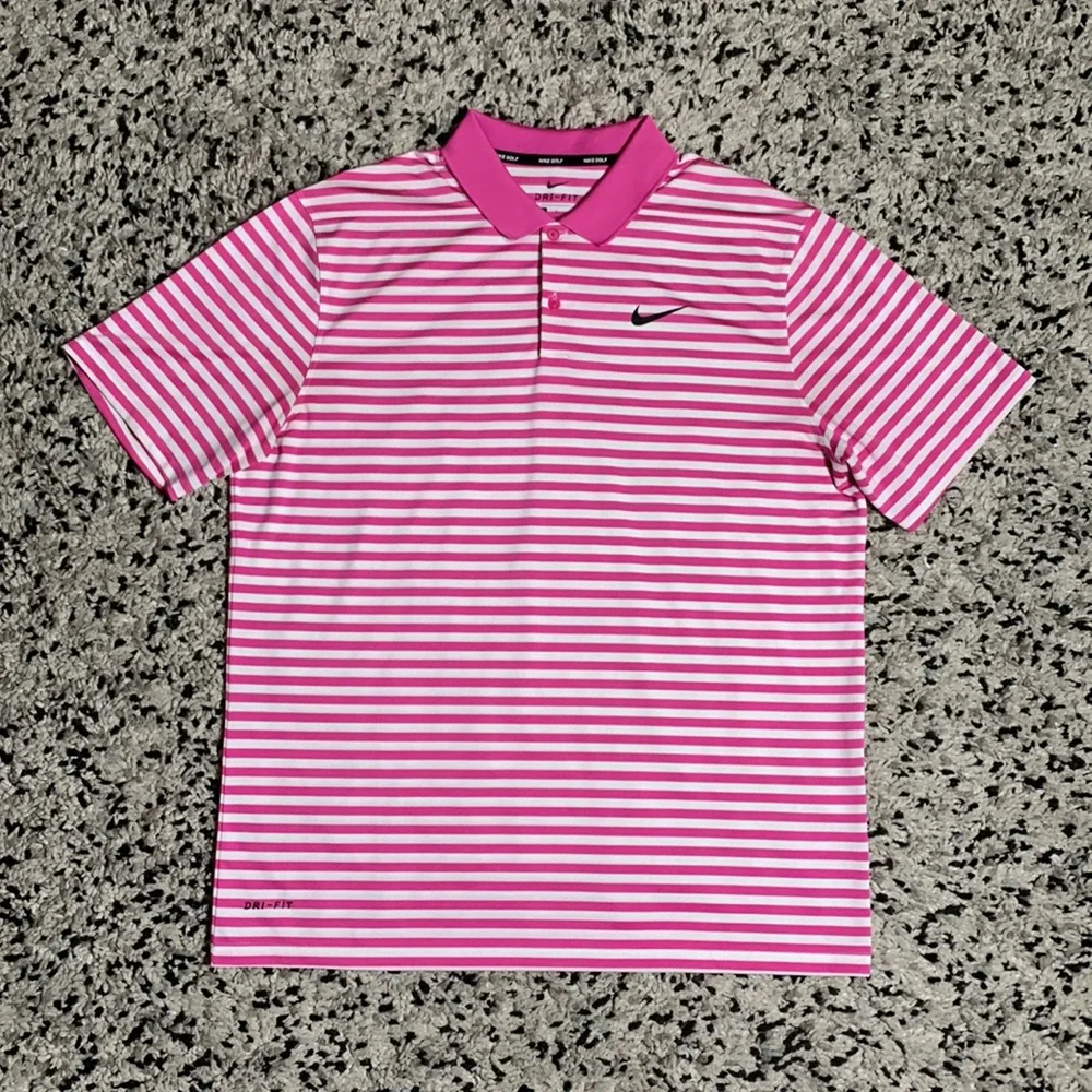 Nike Pink and White Striped Polo Shirt